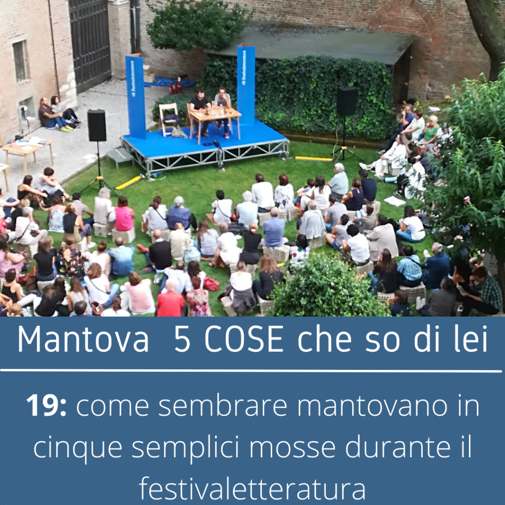 I partecipanti ad un incontro nel giardino di Palazzo Castiglioni, visti dalla casa torre dei Bonacolsi,