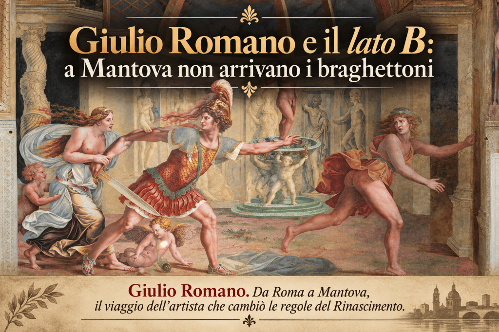 Giulio Romano e il lato B: a Mantova non arrivano i braghettoni. Il nuovo episodio della serie di MantovaStoria racconta il rapporto tra Giulio Romano, Palazzo Te e le immagini del desiderio. Nella villa di Federico II Gonzaga il corpo entra in scena attraverso il mito, la cultura classica e il contesto raffinato della corte: Leda, Pasifae, Adone, Amore e Psiche diventano personaggi di un racconto colto, ambiguo e molto poco casto. Ma la vicenda dei *Modi*, disegnati da Giulio, incisi da Marcantonio Raimondi e accompagnati dai sonetti di Pietro Aretino, mostra un passaggio diverso: qui il sesso non è più protetto dal mito o dall’allegoria, ma diventa immagine esplicita, riproducibile e destinata a circolare. Tra Palazzo Te e Roma, tra affresco e incisione, Giulio Romano lavora sul confine tra arte, desiderio, censura e scandalo.